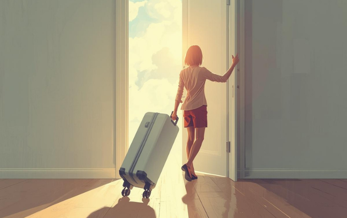 スーツケースを持って扉を開ける女性